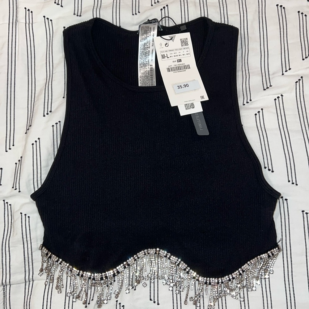 Zara Cropped Rhinestone Fringe Tank Top